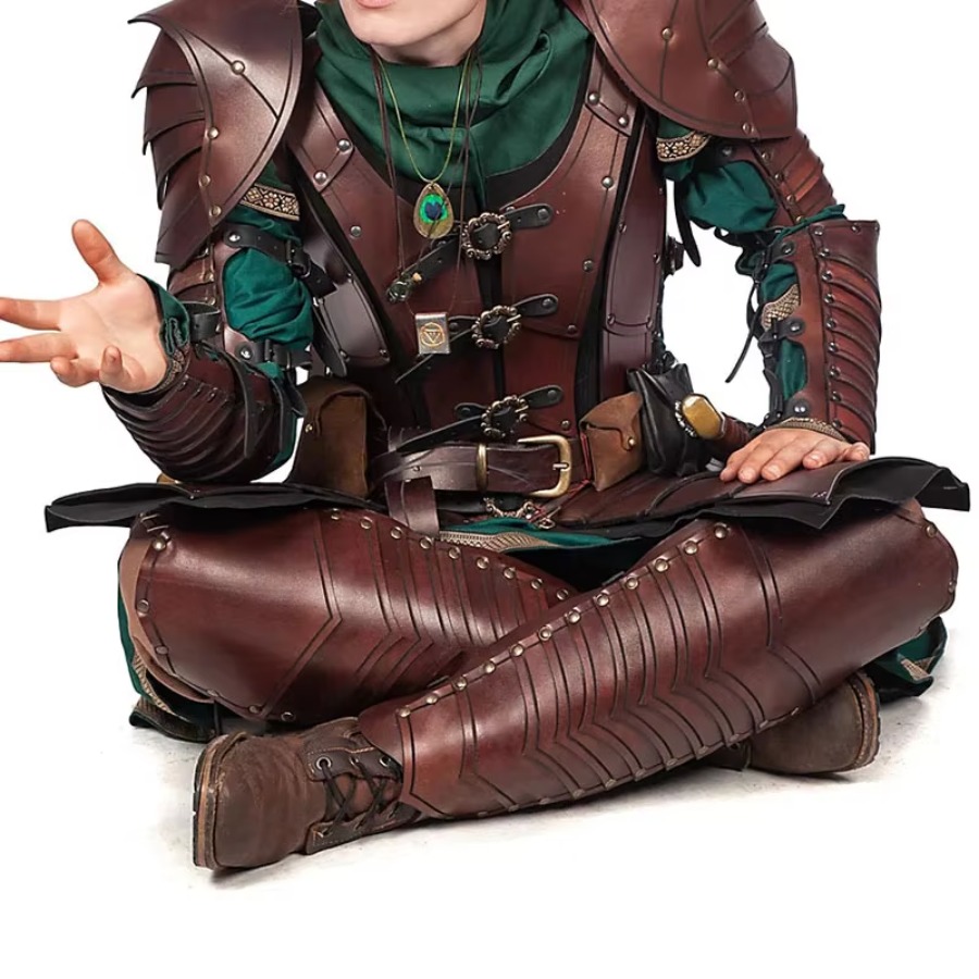 Costumes - Middeleeuwse elfenridder lederen scheenbeschermers, panty's, romeinse